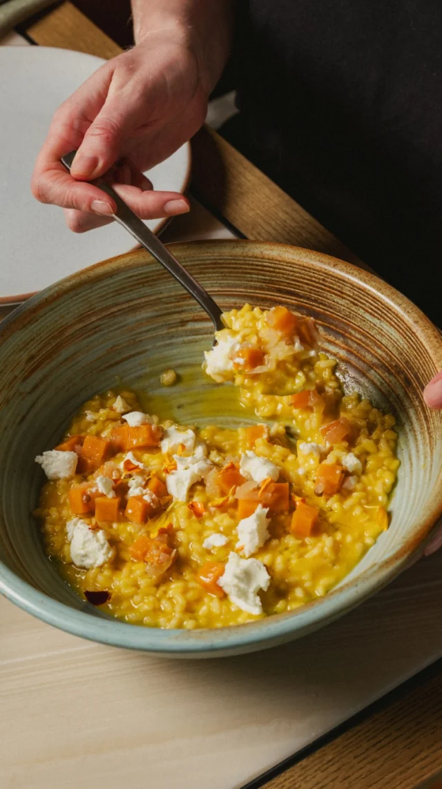 Vialone Nano risotto, smoked pumpkin, mandarin and buffalo feta. 

Creamy, smoky and bright, with a touch of citrus to finish.