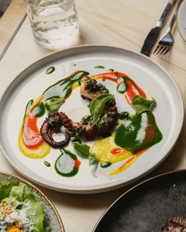 Hibachi-grilled MSC Abrolhos Island octopus, capsicum, labneh and ice plant. 

Charred over the hibachi, balanced with creamy labneh and fresh, vibrant flavours.